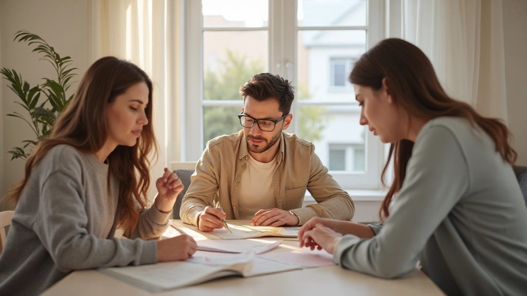 Семья обсуждает финансовые планы вместе в домашней гостиной