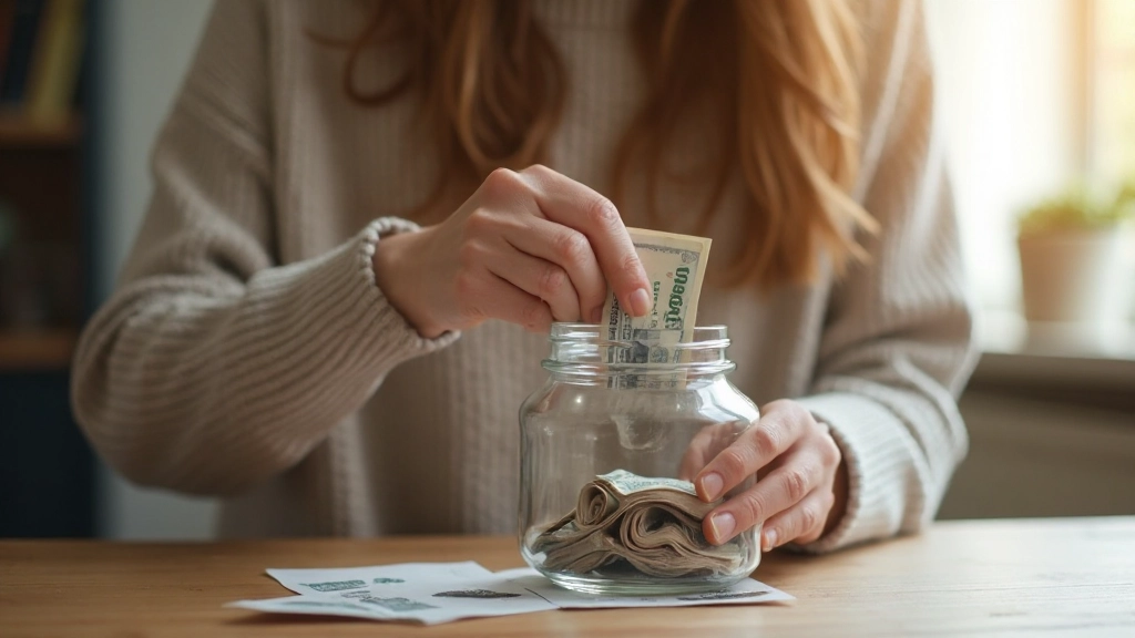 Молодая женщина подсчитывает сбережения, откладывая деньги в копилку на столе